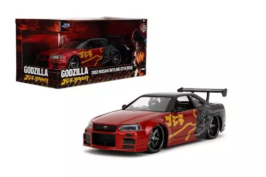 Jada 2002 Nissan Skyline RHD Hand Red Metallic и Black Godzilla Destoroyah Movie Hollywood Ride Series Diecast Model Car GT-R (Р34) (Правый привод)