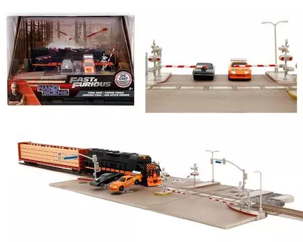 JADA TOYS Nano Scene Fast Furious Гоночная сцена Железнодорожный переезд Диорама Набор мини-автомобилей Dodge Supra Nano Scene Fast Furious Мини-автомобиль и зарядное устройство/Toyota и