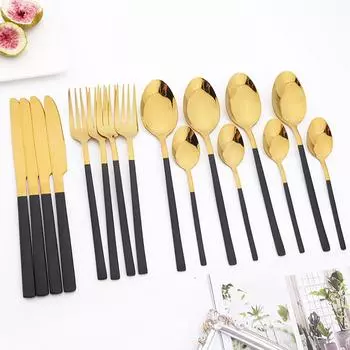 Jankng 16 шт. черные столовые приборы с золотой строчкой, набор посуды из нержавеющей стали, кухонный домашний набор столовых приборов в западном стиле, нож, вилка, ложки, набор посуды серебряный