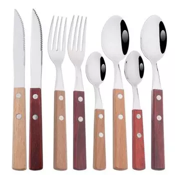 Jankng 304 Нержавеющая сталь 4/8 шт. Набор столовой посуды с заклепками Дизайн Набор деревянных столовых приборов Западный нож для стейка Ложка Вилка Посуда Кухонные столовые приборы 4PCS дубильная кора