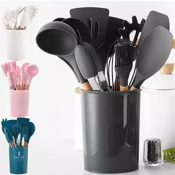 Jankng домашний силиконовый набор кухонной утвари с антипригарным покрытием, лопаточка с деревянной ручкой, венчики для яиц, кухонные принадлежности, аксессуары чёрный