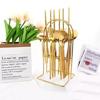 Jankng Gold 24 шт. Западная посуда из нержавеющей стали, ежедневный набор столовых приборов, нож, вилка, кофейная ложка, набор посуды со стойкой для хранения 24pcs серебряный