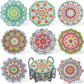 JANLOFO Diamond Art Coaster Cork Diamond Art Kit Beginner Diamond Painting 8 Pieces Handmade Kit Easy DIY Diamond Bullets Beginner Holder Included Art