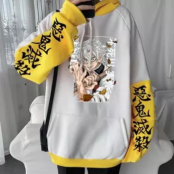 Japan Anime Demon Slayer Shinazugawa Sanemi Printed Hooded Men Women Manga Hoodies Plus Size Sweatshirt Harajuku Male Streetwear XS чёрный