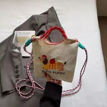 Japan fashion Cute Embroidered Sausage Dog Bucket Bag Women 2025 New Mobile Phone Bag Versatile Commuter Shoulder Messenger Bag White