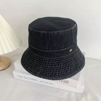 Japan fashion Denim Fisherman Hat Women Make Your Face Look Smaller Plain Face Covering Basin Hat Korean Style Leaf Label Fashion Couple Sun Hat Denim Black M(56-58cm)