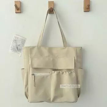 Japan fashion Ins Style Canvas Bag Women Large Capacity Shoulder Tote Bag Korean Style Commuter College Student Book Computer Bag Rice White No Pendant