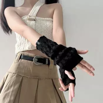 Japan fashion Retro Twist Knitted Hand Sleeve Fashion Oversleeve Wool Knitted Cloth Label Open Finger Arm Sleeve Gyaru Women Gloves Black Cable Stitch logo All yards