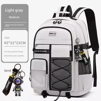Japan Import Mujie2025 New Arrival Primary School Students Burden Reduction Spine Protection Schoolbag High School Men and Women Large Capacity Medium light gray Upgrade (for Lightning Bear))