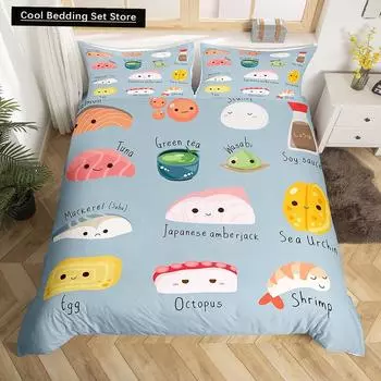 Japan Sushi King Queen Duvet Cover Marine Life Bedding Set Cartoon Japanese Food Quilt Cover Colorful Polyester Comforter Cover EU single(135x200cm)