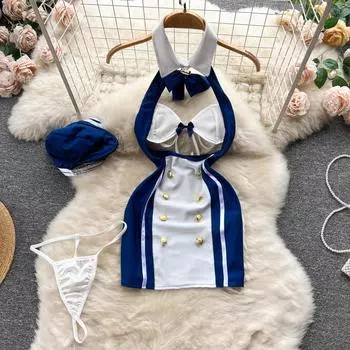 Japanes Kawaii ажурное ночное платье с лямкой на шее, женские двубортные короткие ночные рубашки с бантом, женские милые тонкие клубные эротические сексуальные пижамы 2024 One Size