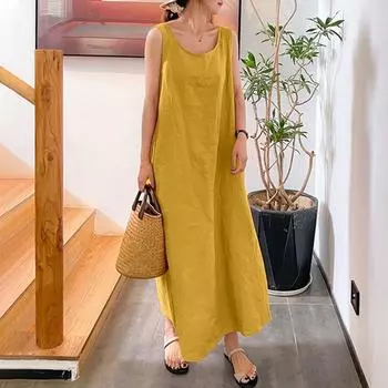 Japanese and Korean Summer New Arrival Long Strap Cotton and Linen Simplicity Style Loose Pockets round Neck Elegance Sleeveless Dress Women Yellow M