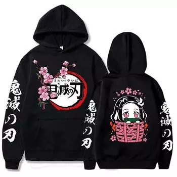 Японский аниме Demon Slayer Kawaii Cartoon Nezuko Graphic Printed Men Women Hoodies Plus Size Sweathirt Harajuku Unisex Pullover XS чёрный