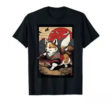 Japanese Art Cat Ninja Anime Style Samurai Corgi Dog Ukiyo-e T-Shirt