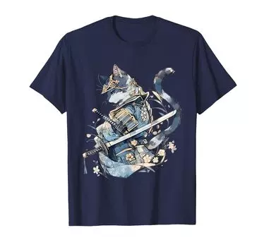 Japanese Art Cat Ninja Anime Style Samurai Cat Ukiyo-e T-Shirt