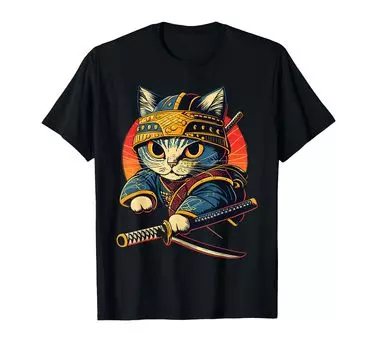 Japanese Art Cat Ninja Anime Style Samurai Cat Ukiyo-e T-Shirt чёрный