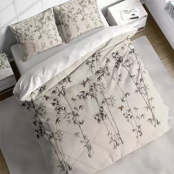 Japanese Bamboo Birds Duvet Cover Set w Pillowcases, Chinese Botanical Floral Nature Quilt Cover, Single Double Full Queen King EU Single 135x200cm