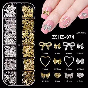 Japanese Bow Strip Box, Gold And Silver Nail Art Rivets, Half A Piece, Round Beads, Small Rice Grains, Butterfly Metal Nail Patch.