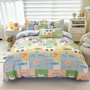 Japanese Cartoon Style Duvet Cover Set 3Pcs Bedding Set Colorful Plaid Pattern Kawaii Design Comforter Cover for Boys Girls 150x200cm Single 3Pc