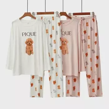 Japanese Cartoon Teddy Dog Women s Pajama Set - Long-Sleeved, Thin, Loose, Homewear. One Size (Fits 90-145 kg)