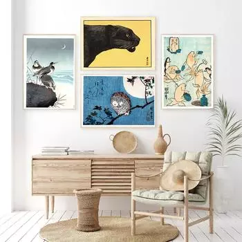 Японские кошки-рыбы Художественный постер Мацумото и принты с летающей лягушкой Джифрог Ретро настенная живопись на холсте Гостиная Украшение дома 21x30cm No Framed