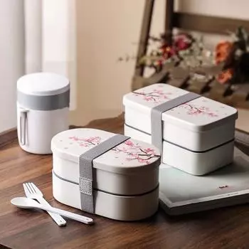 Japanese Cherry Blossom Lunch Box with Tableware Microwave Bento Boxes Soup Cup Portable Student Double-layer Lunch Food Box 2