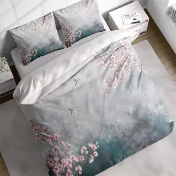 Japanese Cherry Blossom Sparrow Duvet Cover Set w Pillowcases, Grey Pink Floral Quilt Cover, Printed Single Double Queen King US EU Single 135x200cm