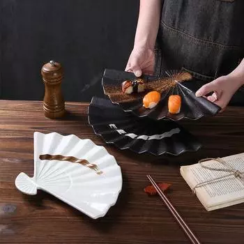Japanese Clay Creative Fan-shaped Plate Irregular Ceramic Sushi Plate Personalized Snacks, Desserts Plating Kitchen Tableware