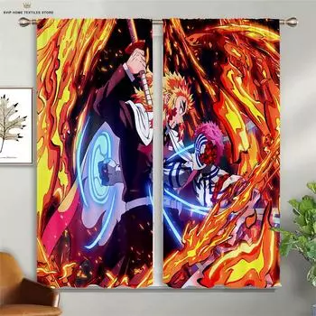 Japanese Comic Printed Curtains, Hot-Blooded Animation, Living Room, Study, Children s Room, Decorative, Easy to Wash, 2Pcs W50X130H(CM)X2PCS&Grommet Top