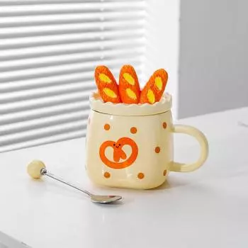 Japanese Creative Ceramic Mug Bread Bag Cup Couple Cup Water Cup with Lid Spoon Coffee Cup Breakfast Milk Cup 420ml