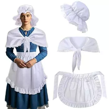Japanese cute apron pilgrim maid performance costume, hat + shawl + apron Adult One Size белый