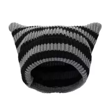 Japanese Cute Black White Striped Cat Ears Wool Hat Women Autumn Winter Warm Little Devil Hanging Ball Knitted Beanie Hat 56-58