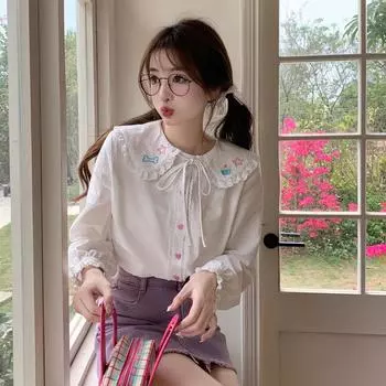 Японский милый кукольный воротник кружевная кружевная рубашка Jk женская весенне-летняя ретро блузка с длинным рукавом XS белый