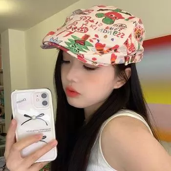 Japanese cute graffiti forward hat female personality retro childlike beret funny short brim painter hat versatile tide M (56-58cm) Graffiti Beret