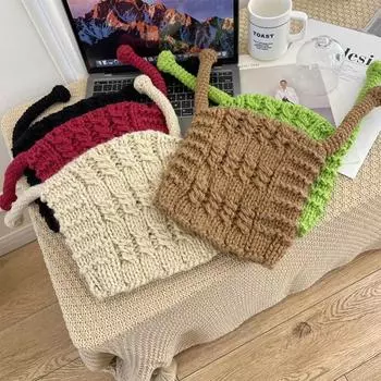 Japanese Cute Horn Warmth Thickened Handmade Knitted Woolen Hat Women s Autumn and Winter Headband Hat 56-58cm чёрный