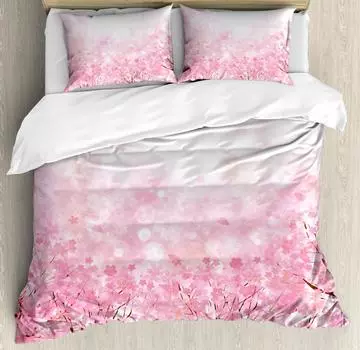 Japanese Duvet Cover Set, Sakura Tree Flowers Cherry Blossoms Spring Theme Art, Decor 3 Piece Bedding Set with 2 Pillow Shams EU single(135x200cm)