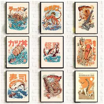 Японская еда суши настенные художественные принты забавные постеры с лапшой рамен кухонное искусство холст картины картины для гостиной домашний декор 21x30cm No Framed белый