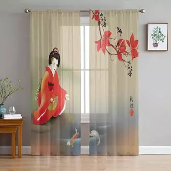 Japanese Geisha Carp Maple Leaf Sheer Curtains for Living Room Decoration Window Curtains Kitchen Tulle Voile Organza Curtains W135 x H115cm x1