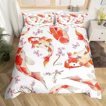 Japanese Goldfish Duvet Cover Set Fantasy Yin Yang Cherry Blossom Flowers Comforter Cover Set Blue Sea Wave Breathable Bedding US Twin(172x218cm)