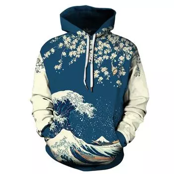 Japanese Great Wave Off Kanagawa Plum Blossom 3D Print Men Hoodies Women Hooded Sweatshirt Pullover Clothes S