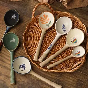 Japanese Handmade Stoneware Large Soup Spoon Ceramic Rice Spoons Creative Household Hotel Long Handle Soup Scoop Tableware