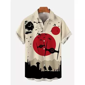 Мужская рубашка с короткими рукавами в японском стиле с принтом в виде самолетов, повседневная мужская рубашка с короткими рукавами в гавайском стиле, новинка 2025 года M