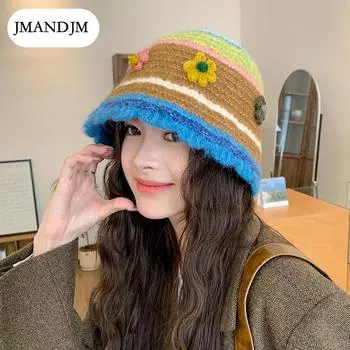 Japanese hollow knitted basin hat autumn and winter sweet dopamine wool hat women s colored flower bucket hat