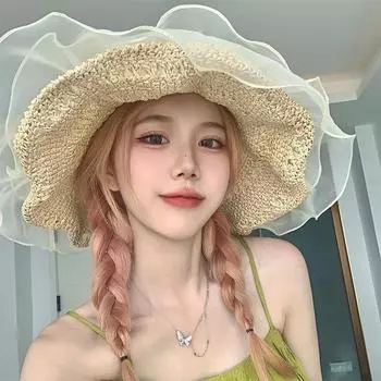 Japanese ins temperament lace big brim shows face small straw hat women s summer vacation seaside beach sun hat M56-58cm