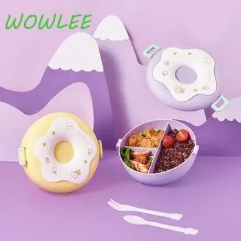 Japanese Lunch Boxs Leak-Proof with Lid for Kid School Child Microwavable Snack Box Donut Cartoon with Fork Spoon 3 Compartment 1000ml фиолетовый