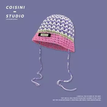 Japanese Niche Color Matching Striped Knitted Strap Bucket Hat Spring and Summer Thin Fashion Versatile Hollow Women s Caps Y2k 56-58cm синий