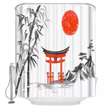 Japanese Painting Bath Curtain Bamboo Trees and Sun in Enso Zen Circle by Ink Polyester Fabric Waterproof Shower Curtain 120X180cm
