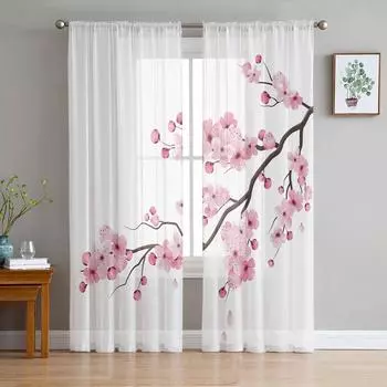 Japanese Pink Flower Cherry Blossom White Sheer Curtains for Living Room Decoration Window Curtains Kitchen Tulle Voile Curtains W135 x H115cm x1