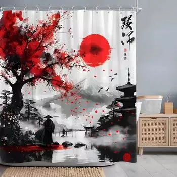 Japanese Red Cherry Blossom Seascape Shower Curtain Chinese Landscape Ink Painting Printed Fabric Shower Curtains Bathroom . 90x180cm