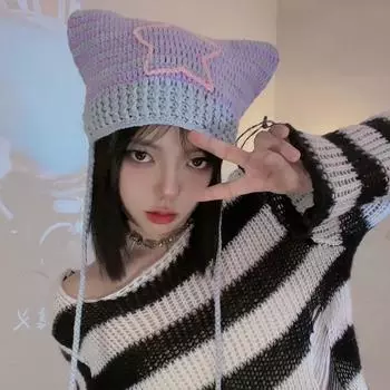 Японские ретро-полосатые шапки с кошачьими ушками в виде маленького дьявола для женщин, осенние и зимние, милые звездочки, универсальные теплые шапки-бини 56-58cm